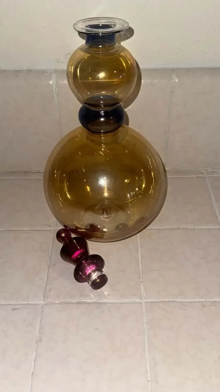 Vintage Rainbow Glass Italian Amber and Blue Art Glass Decanter Burgundy Stopper